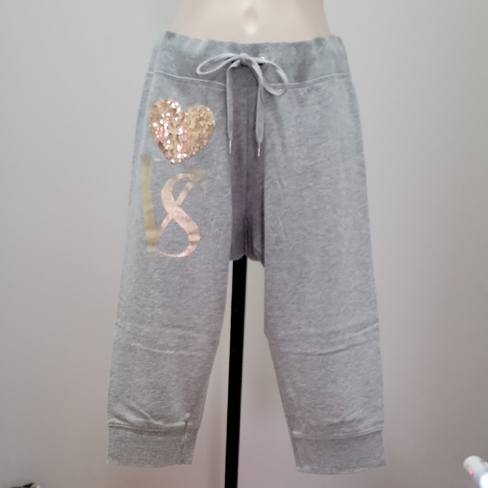 Gray Crop Sweatpants with Gold Sequin Heart & VS Logo Sz XS